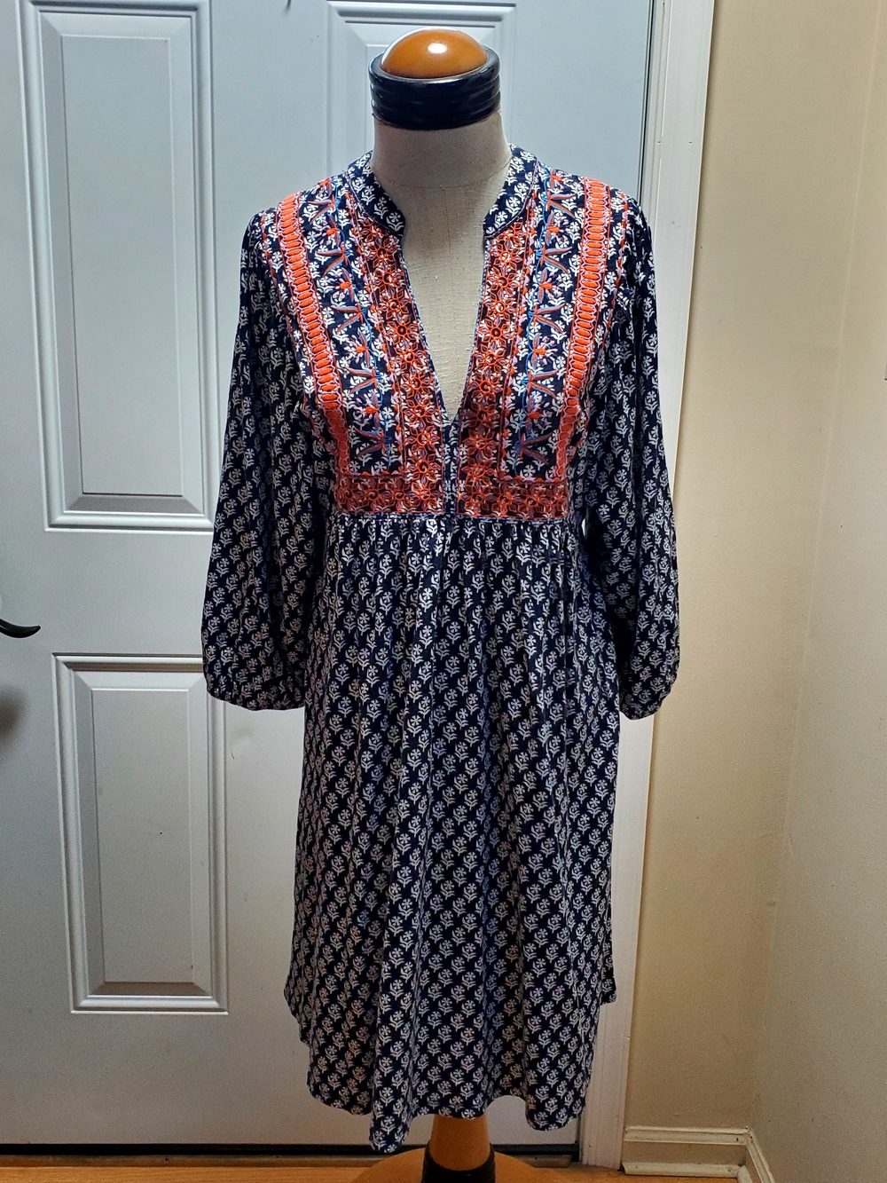 Boden Navy Printed Long-Sleeve Dress with Coral Yoke - Picture 2 of 4